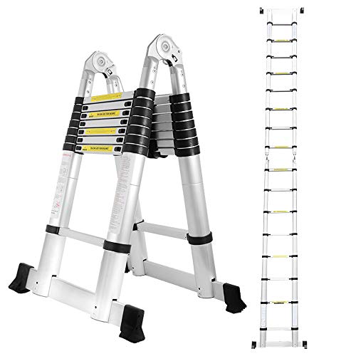 Herrselsam 5 m Teleskopleiter aus Aluminium (2,5 + 2,5 m) Multifunktionale Teleskop-Verlängerung von hoher Qualität 150 kg Tragkraft 8+8 Sprossen einziehbare Leiter