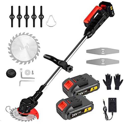 Conentool 24 V Rasentrimmer mit Akku 2 × 2000 mAh Batterie, Elektrischer Rasentrimmers, 600 W Garten Trimmer, Leichter Mini rasenmäher, 90° Biegung, ergonomisch, 3 Arten von Schneidklingen, Schwarz