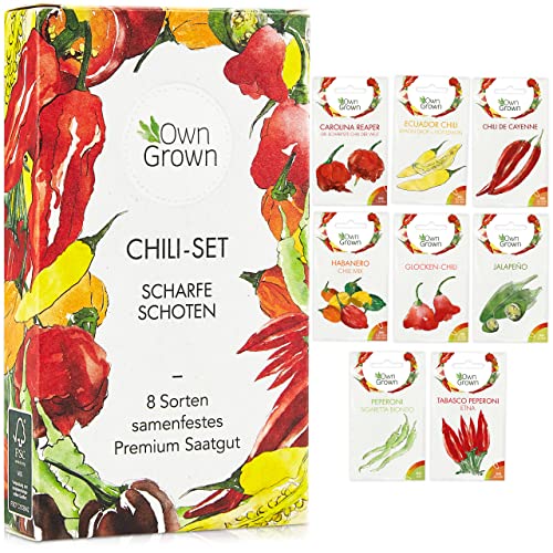 Chili Samen Set: 8 Sorten Chilisamen für Garten und Balkon – Premium Chilisortiment – Bunte und alte Chili Pflanzen – Chili Set mit milden und scharfen Chilli Pflanzen – Chili züchten mit OwnGrown